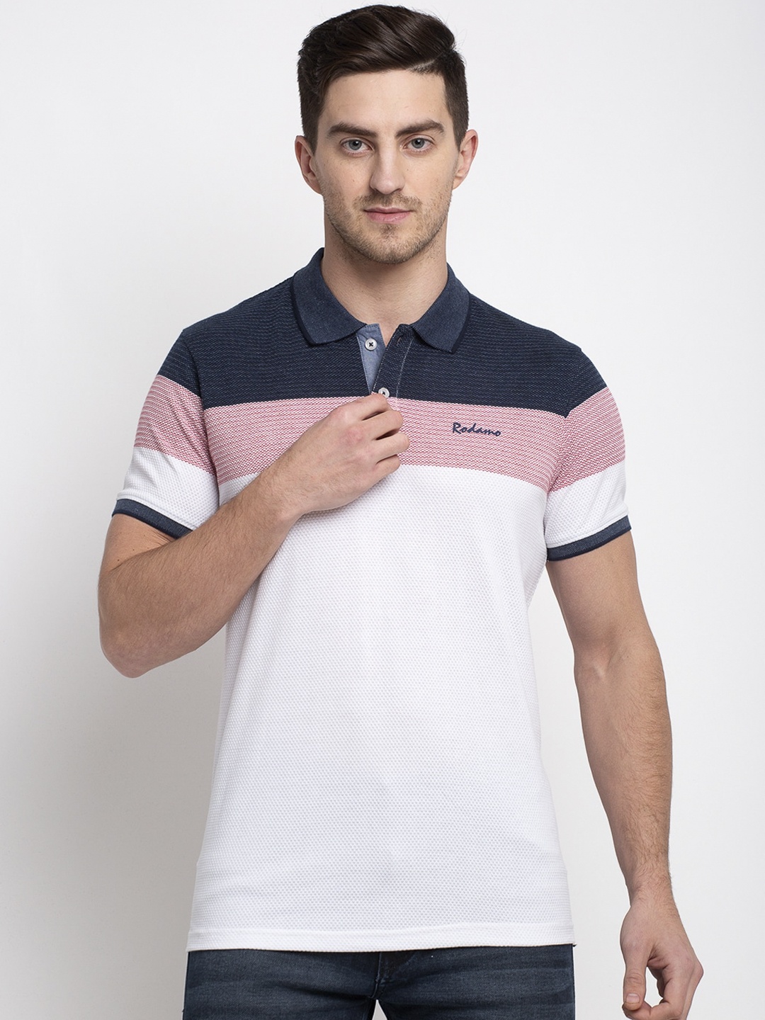 

Rodamo Men White & Navy Blue Slim Fit Colourblocked Polo Collar T-shirt
