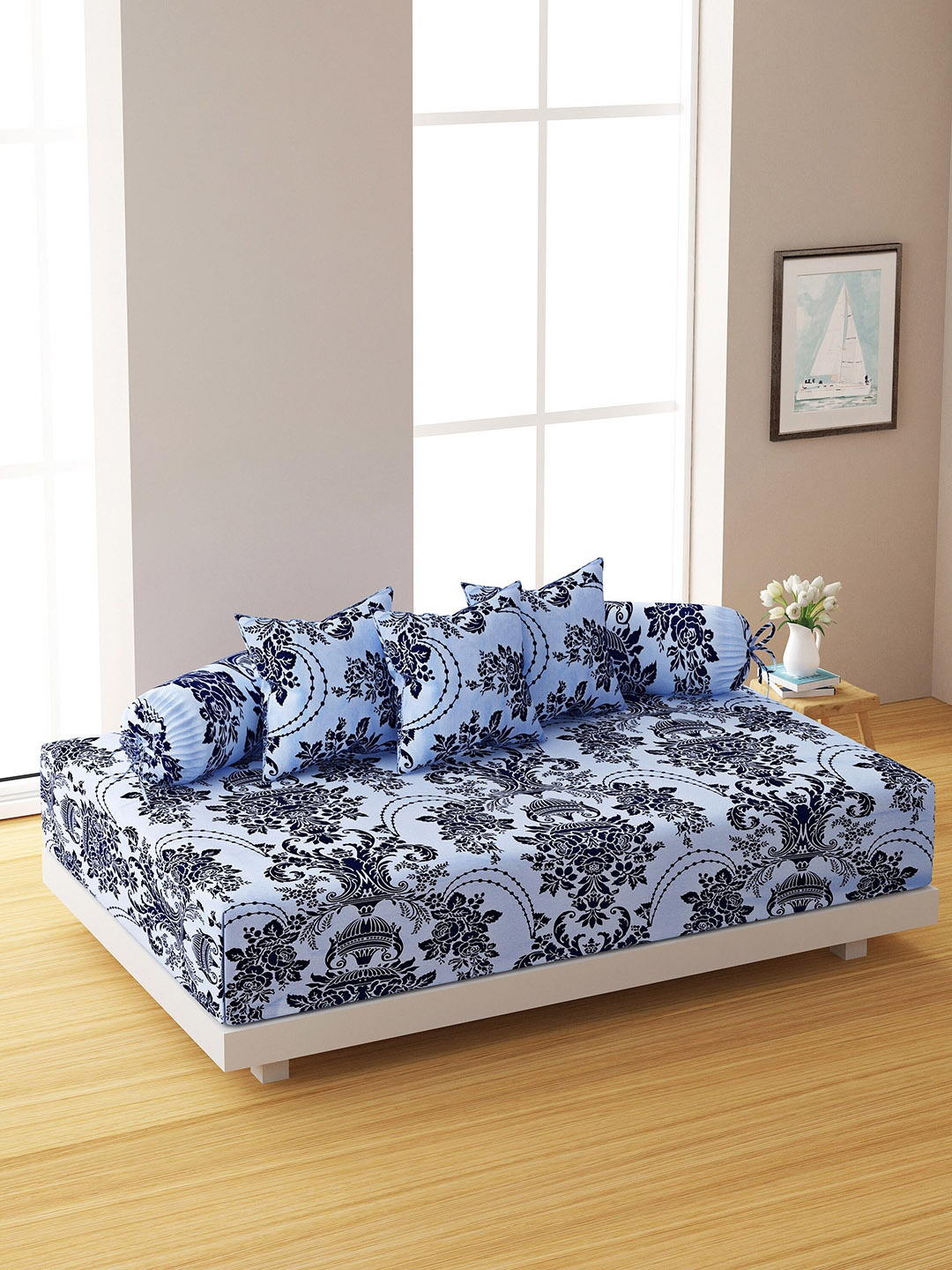 

SWAYAM Set Of 6 Blue Floral Printed 120 TC Bedsheet With Bolster & Cushion Covers