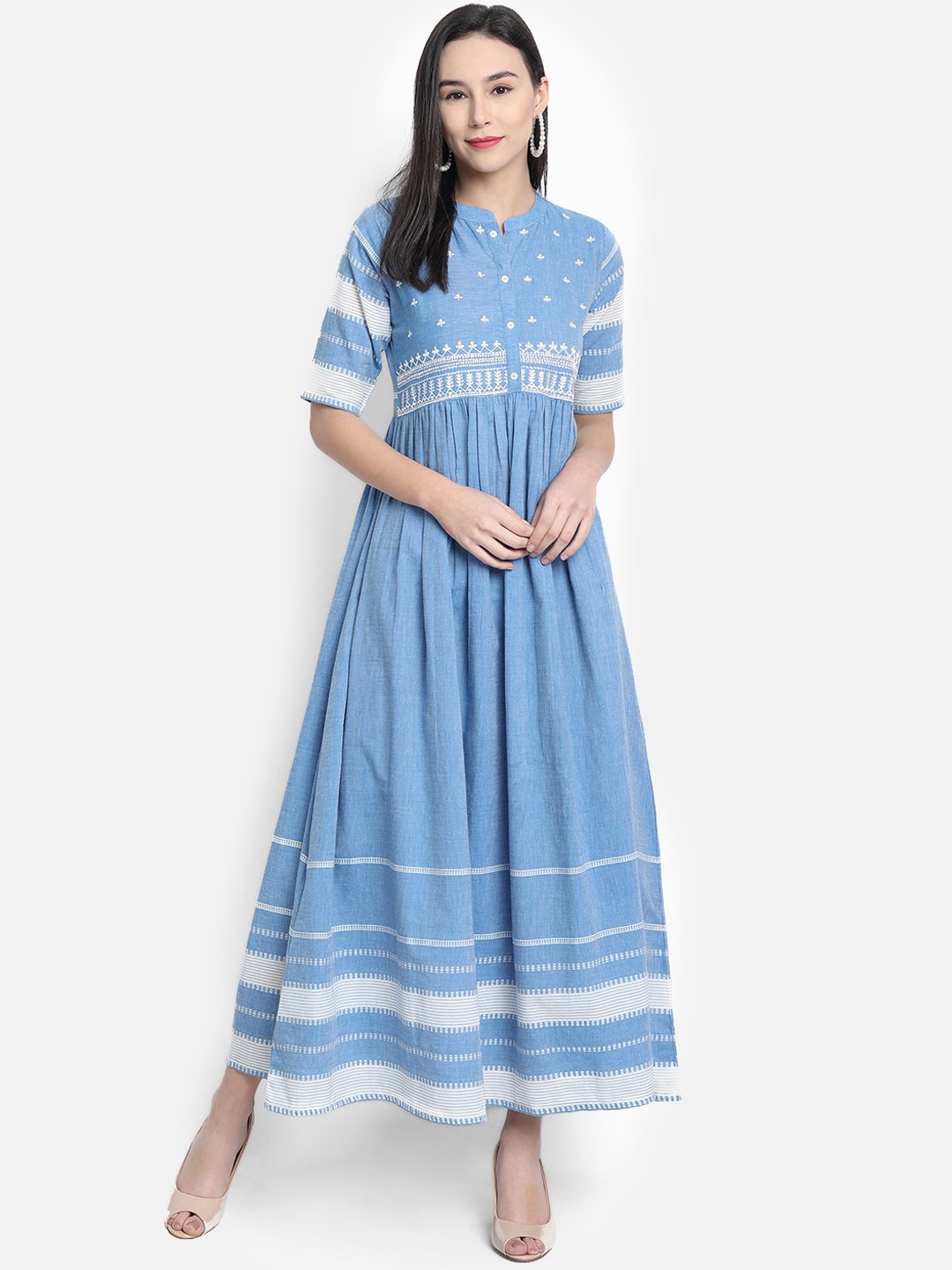 

Janasya Women Blue Embroidered Maxi Dress