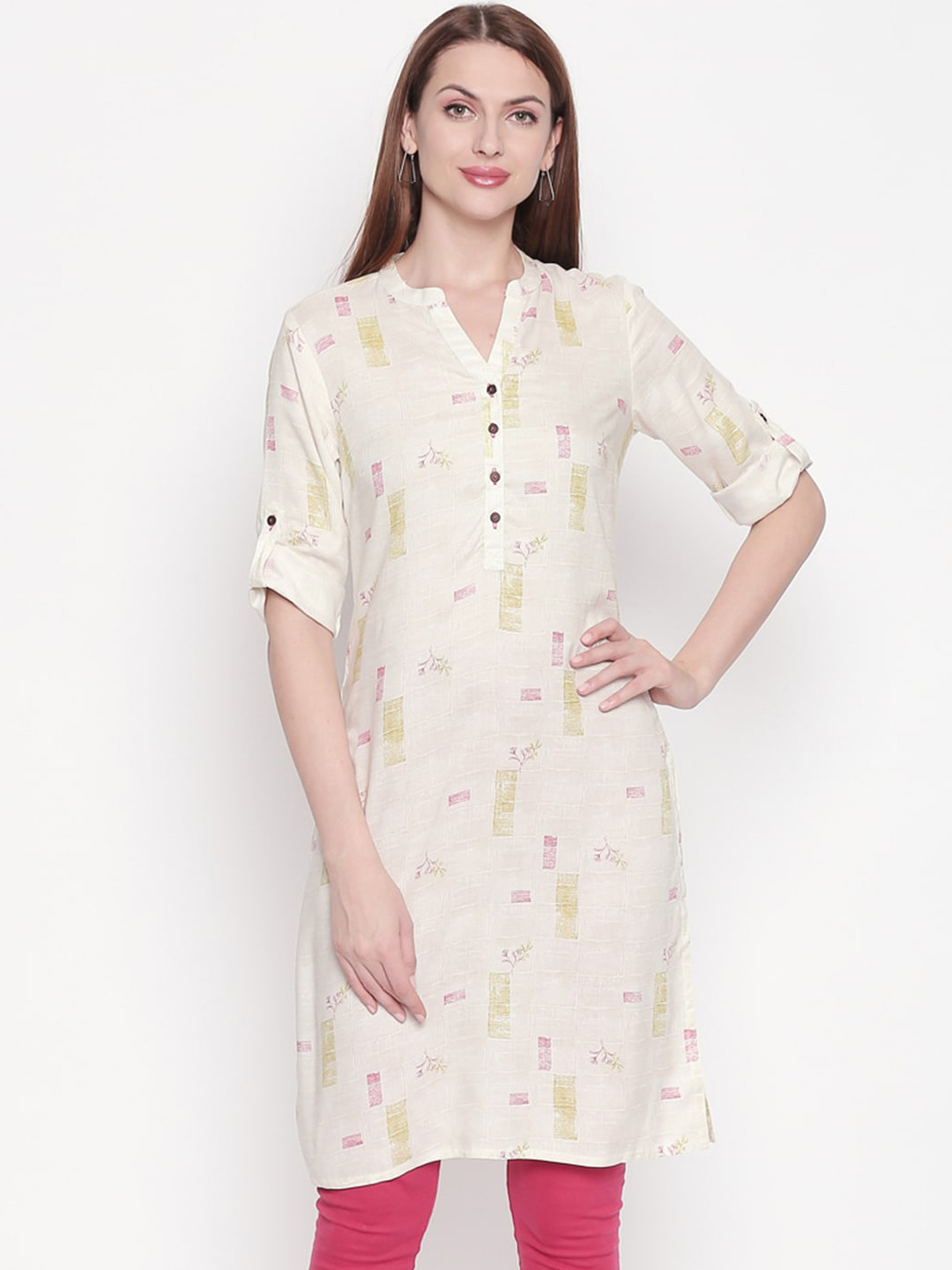 

RANGMANCH BY PANTALOONS Women Off White & Pink Geometric Printed Kurta