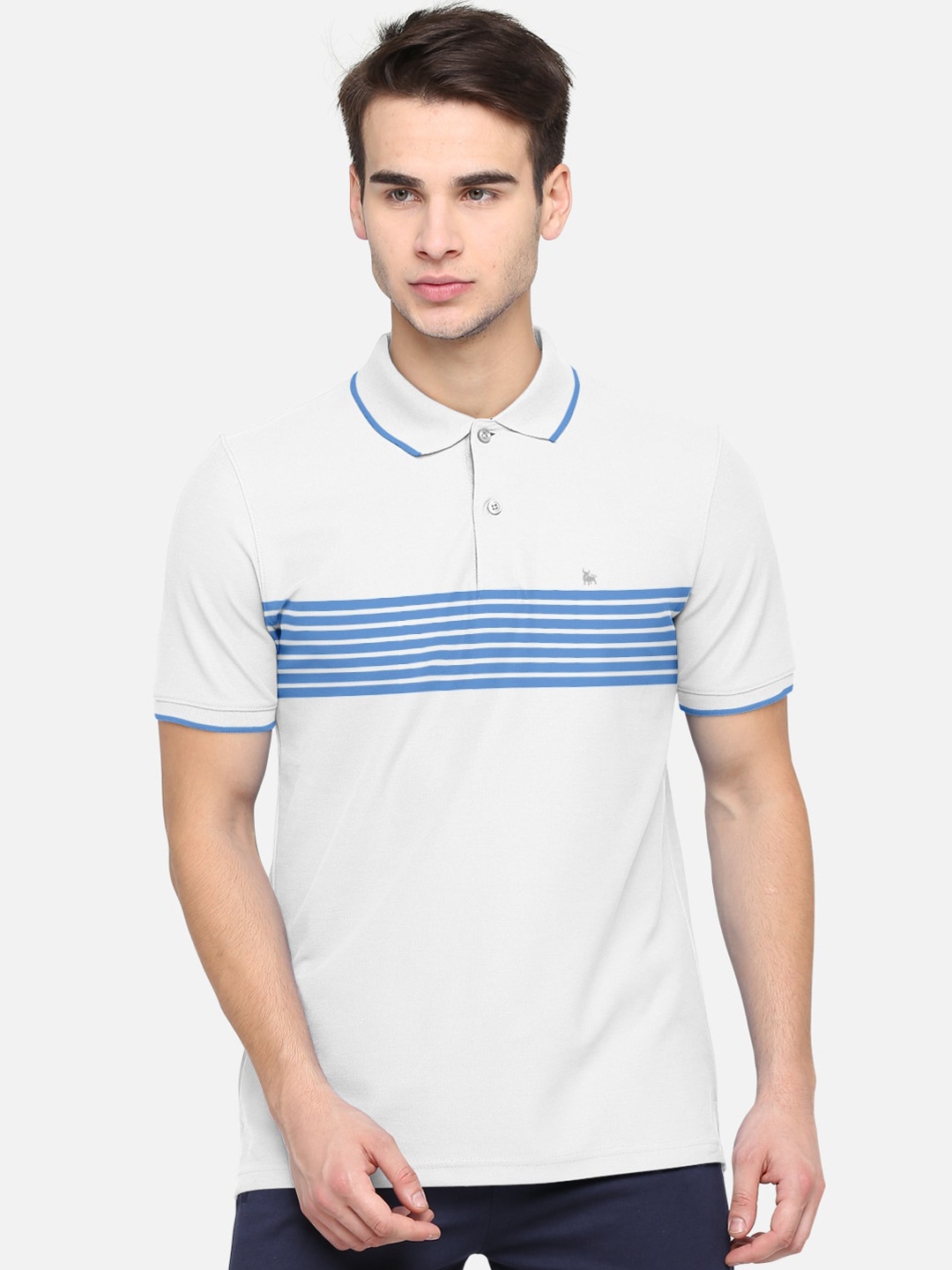 

BULLMER Men White & Blue Striped Polo Collar T-shirt