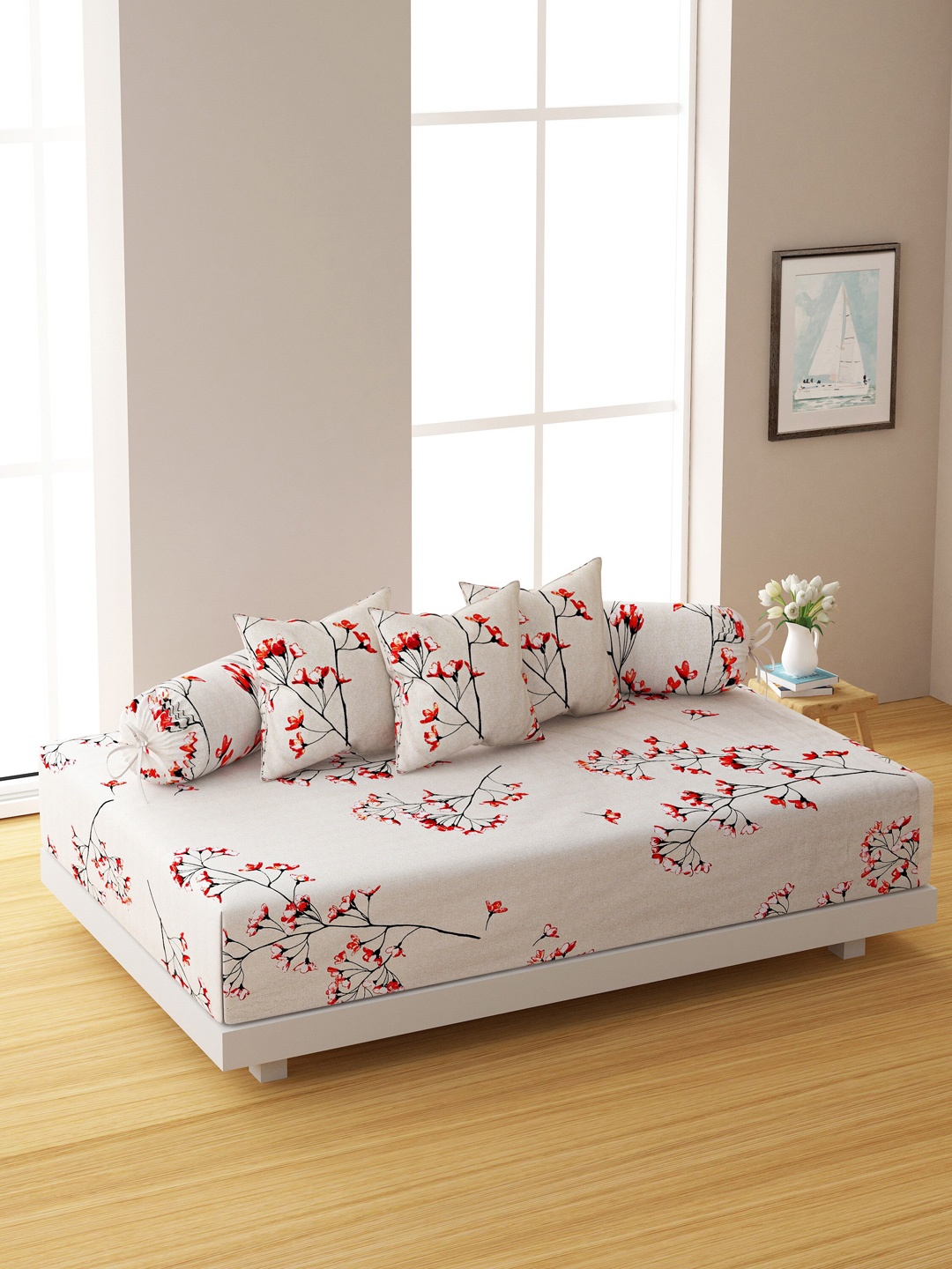 

SWAYAM Set Of 6 Beige & Red Floral Printed 200 TC Bedsheet With Bolster & Cushion Covers