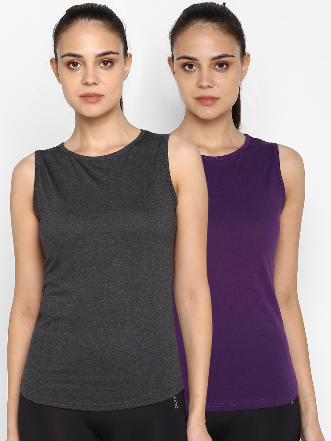 

appulse Women Grey & Purple Set of 2 Solid Round Neck T-shirt