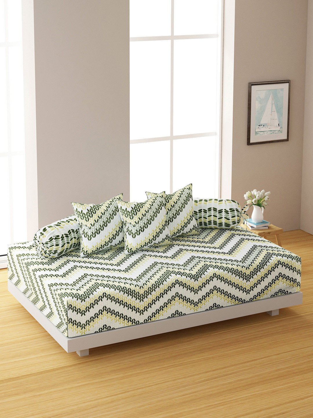 

SWAYAM Set Of 6 White & Green Floral 144 TC Bedsheet With Bolster & Cushion Covers