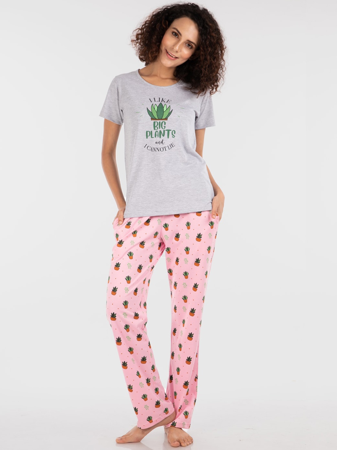 

Nite Flite Women Grey & Pink Printed Cotton Night Suit