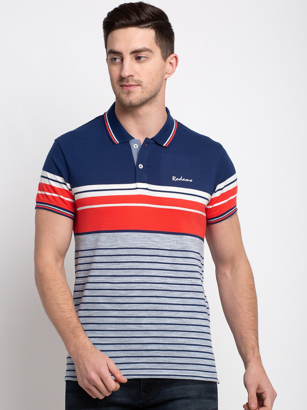

Rodamo Men Multicoloured Striped Polo Collar T-shirt, Multi