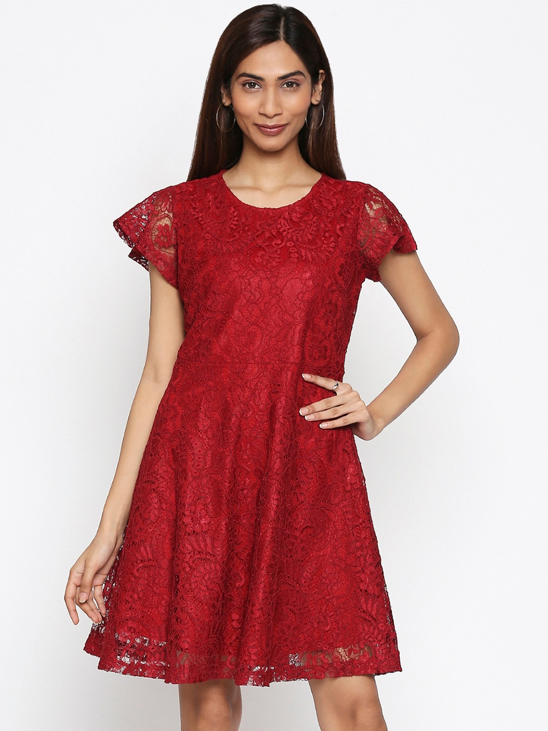 

Honey by Pantaloons Women Maroon Self Design A-Line Dress