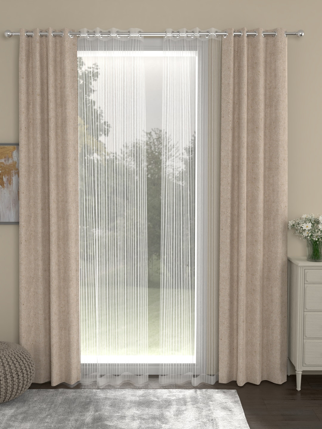

ROSARA HOME Unisex Beige Striped Pack of 4 Eyelet Regular and Sheer Long Door Curtains