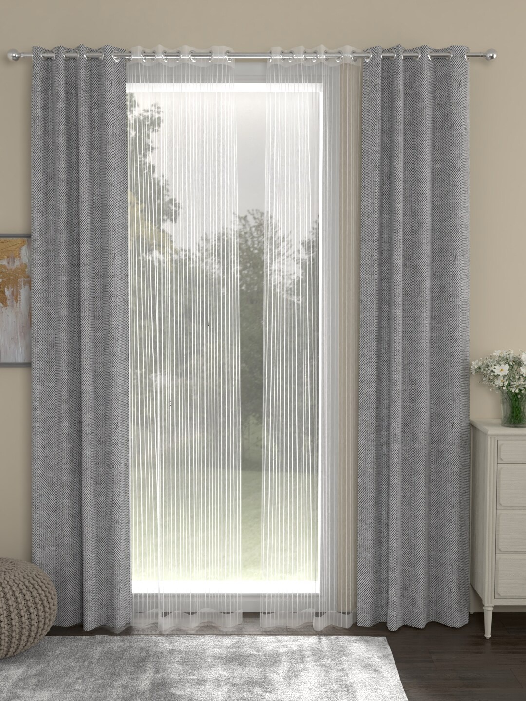 ROSARA HOME Grey & Transparent Set of 4 Regular & Sheer Long Door Curtains