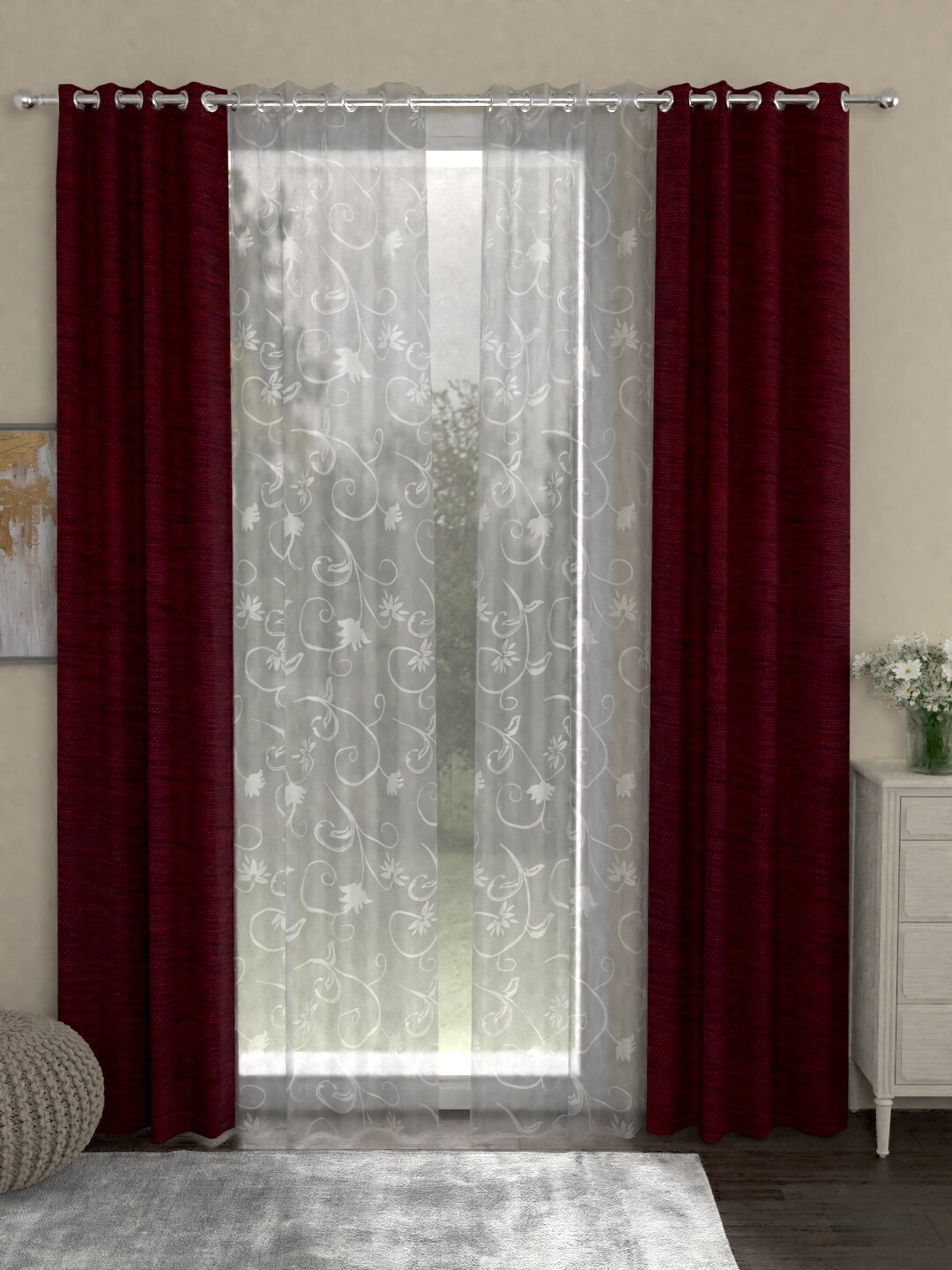 

ROSARA HOME Maroon & White Set of 4 Eyelet Long Door Curtains