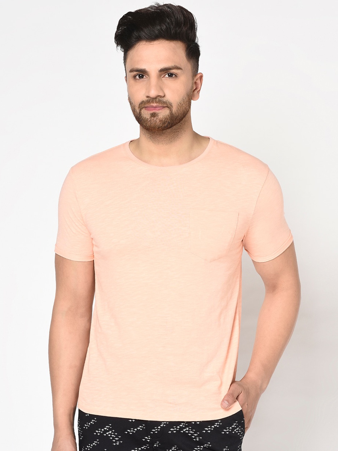 

Blackberrys Men Peach Self Design Round Neck T-shirt