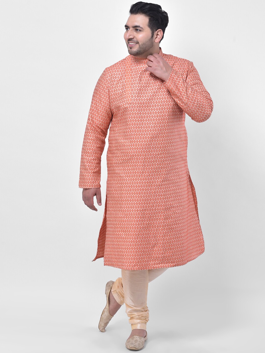 

DEYANN PLUS Men Orange Geometric Printed Thread Work Kurta