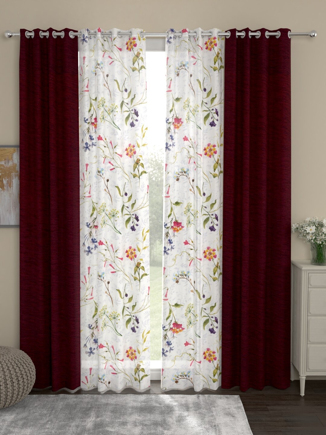 

ROSARA HOME Maroon & Off-White Set of 4 Regular & Sheer Eyelet Long Door Curtains
