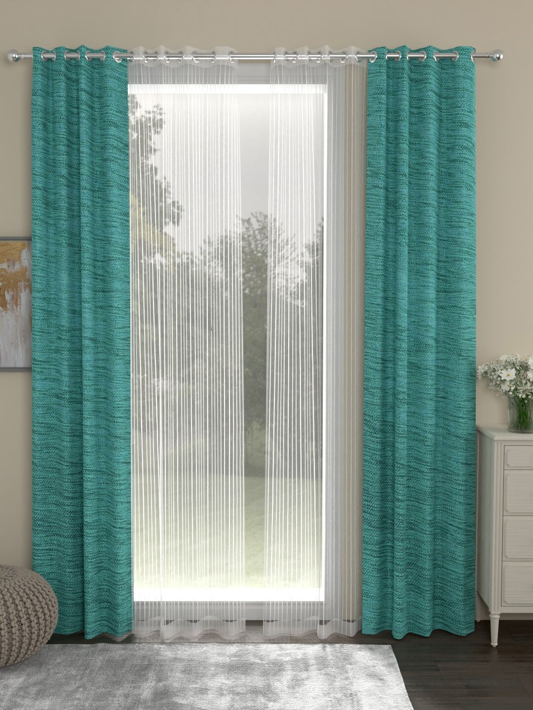 ROSARA HOME Sea Green & Transparent Set of 4 Long Door Curtains