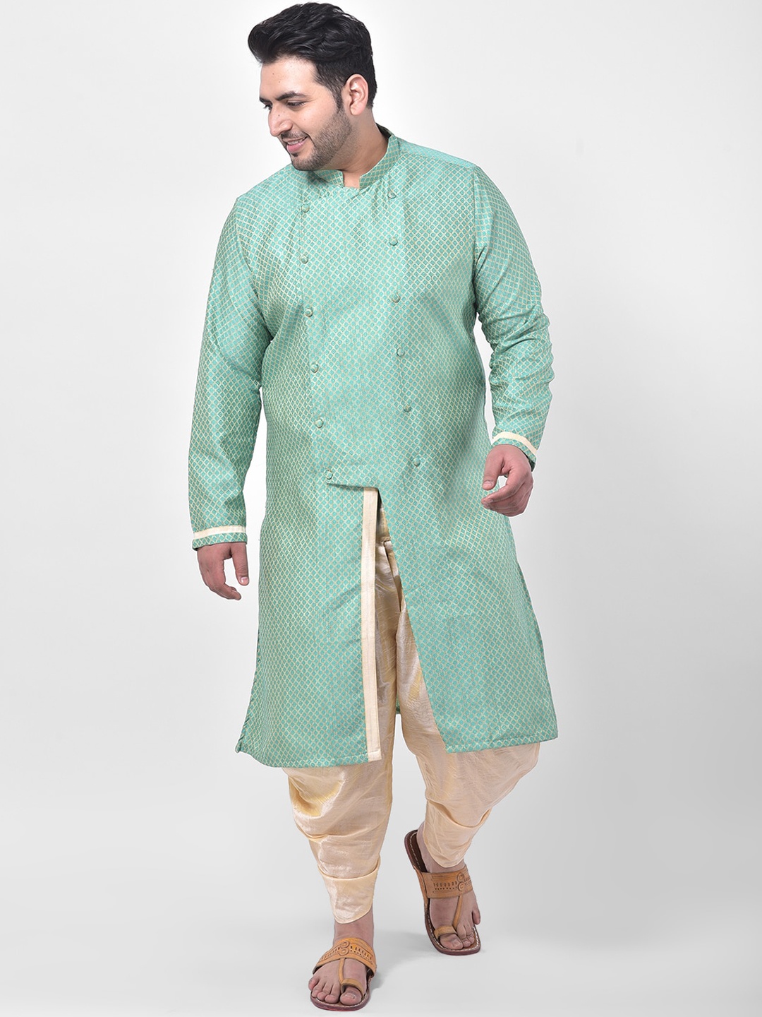 

DEYANN PLUS Men Green & Beige Woven Design Kurta with Dhoti Pants
