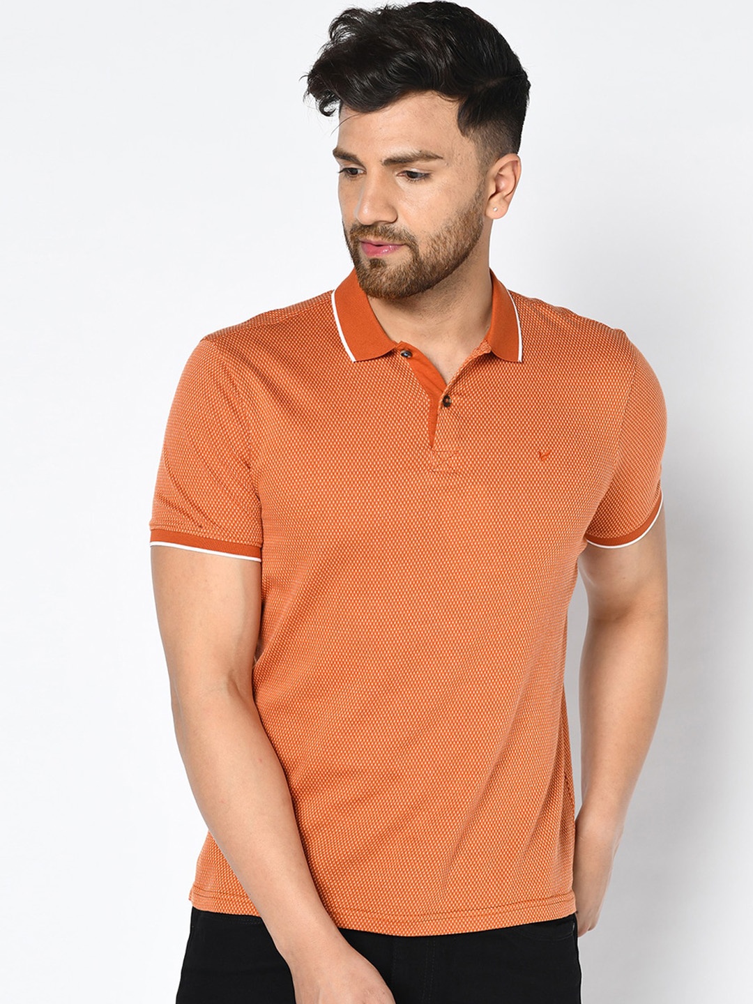 

Blackberrys Men Orange Self Design Polo Collar T-shirt