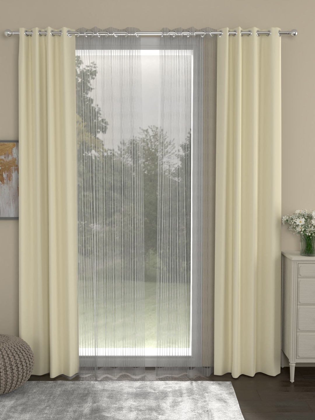 

ROSARA HOME Cream-Coloured & Grey Set of 4 Long Door Curtains