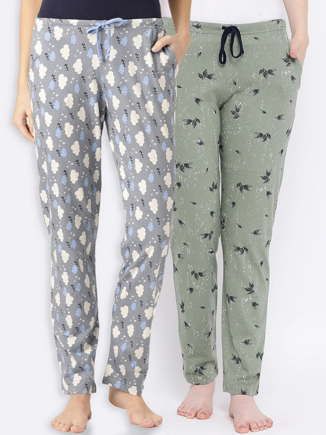 

Kanvin Women Pack Of 2 Grey & Green Printed Lounge Pants