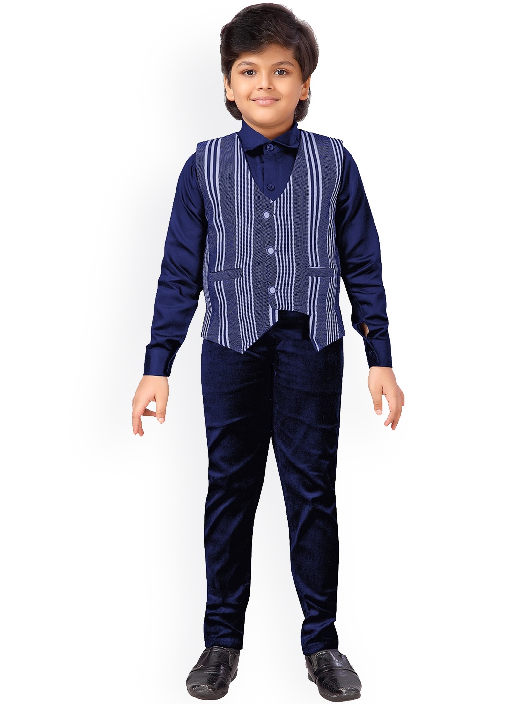 

Aj DEZInES Boys Navy Blue Solid Shirt & Pant With Waistcoat