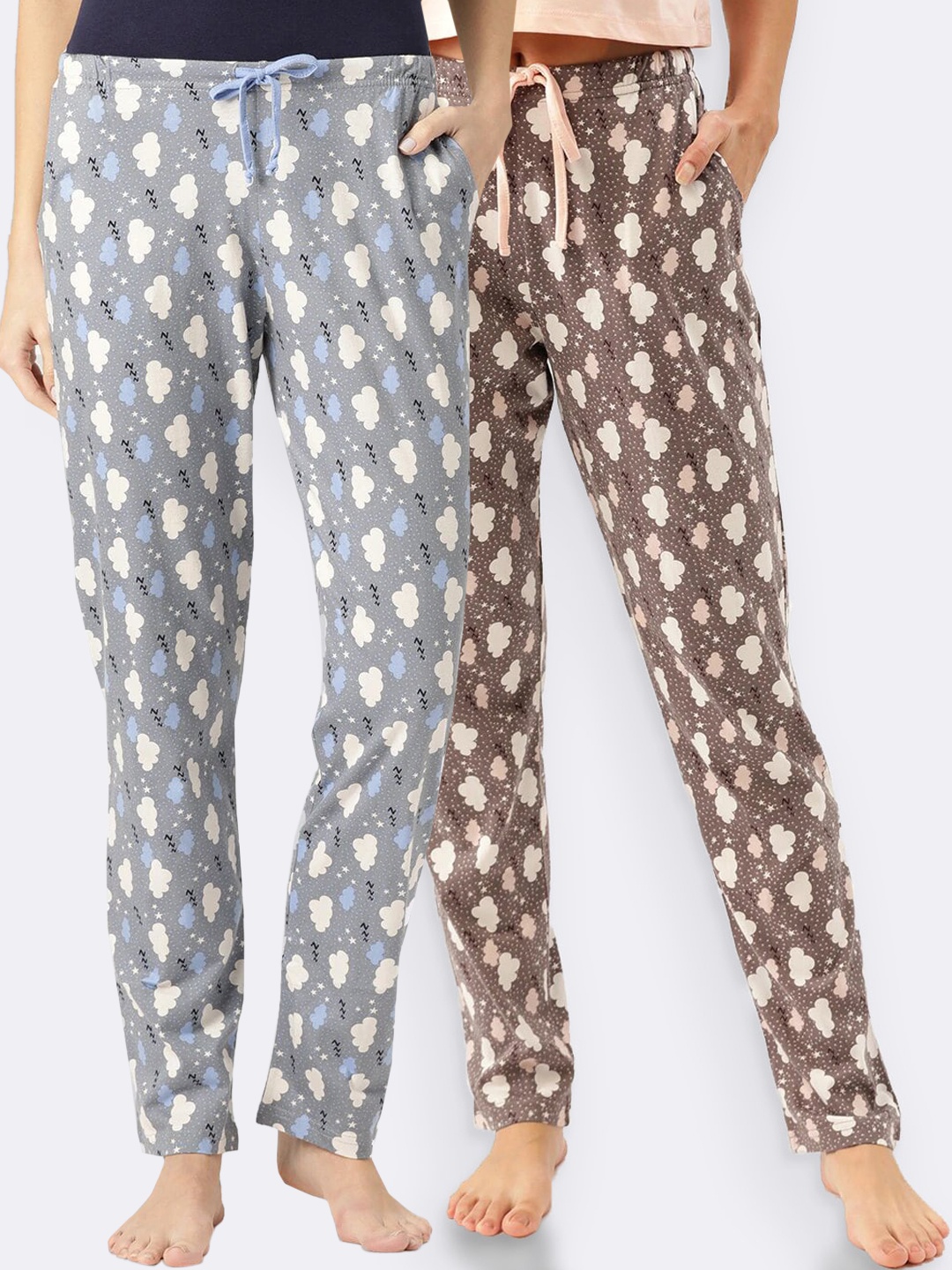 

Kanvin Women Pack Of 2 Brown & Blue Printed Lounge Pants