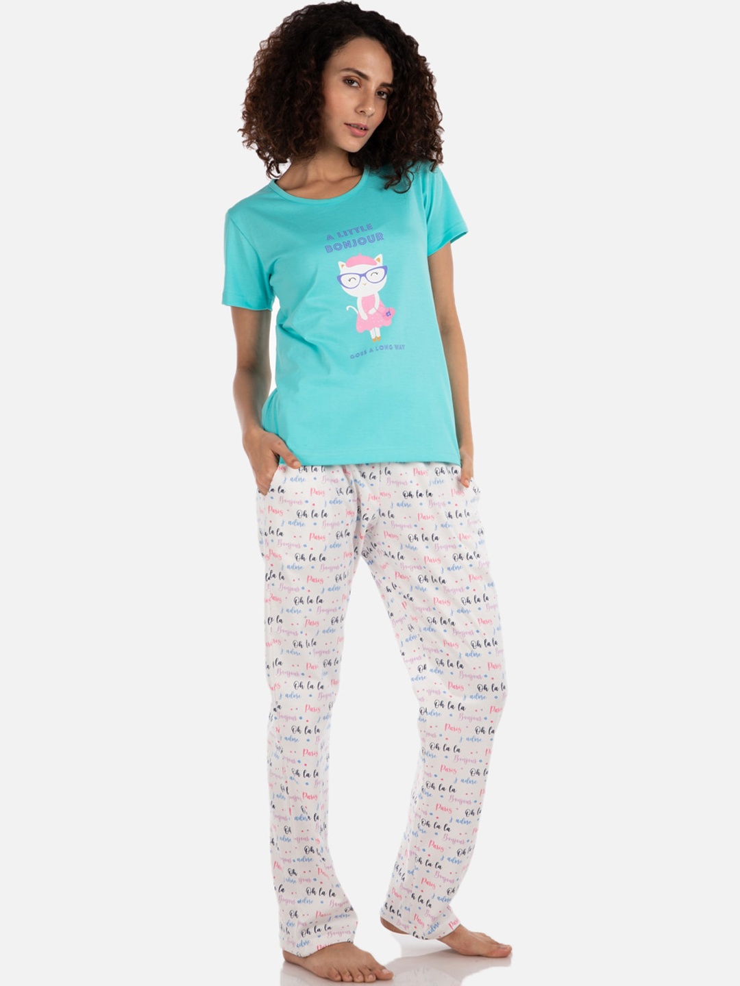 Nite Flite Women White & Blue Printed Night suit