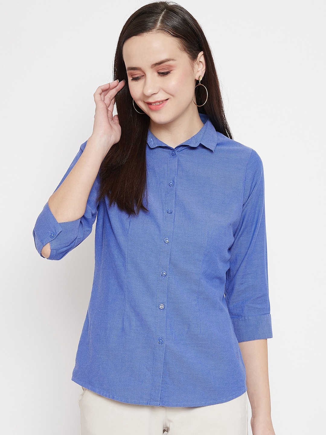 

Crimsoune Club Women Blue Slim Fit Solid Cotton Casual Shirt