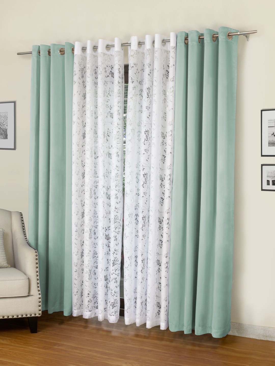 ROSARA HOME Sea Green & White Set of 4 Regular & Sheer Long Door Curtains