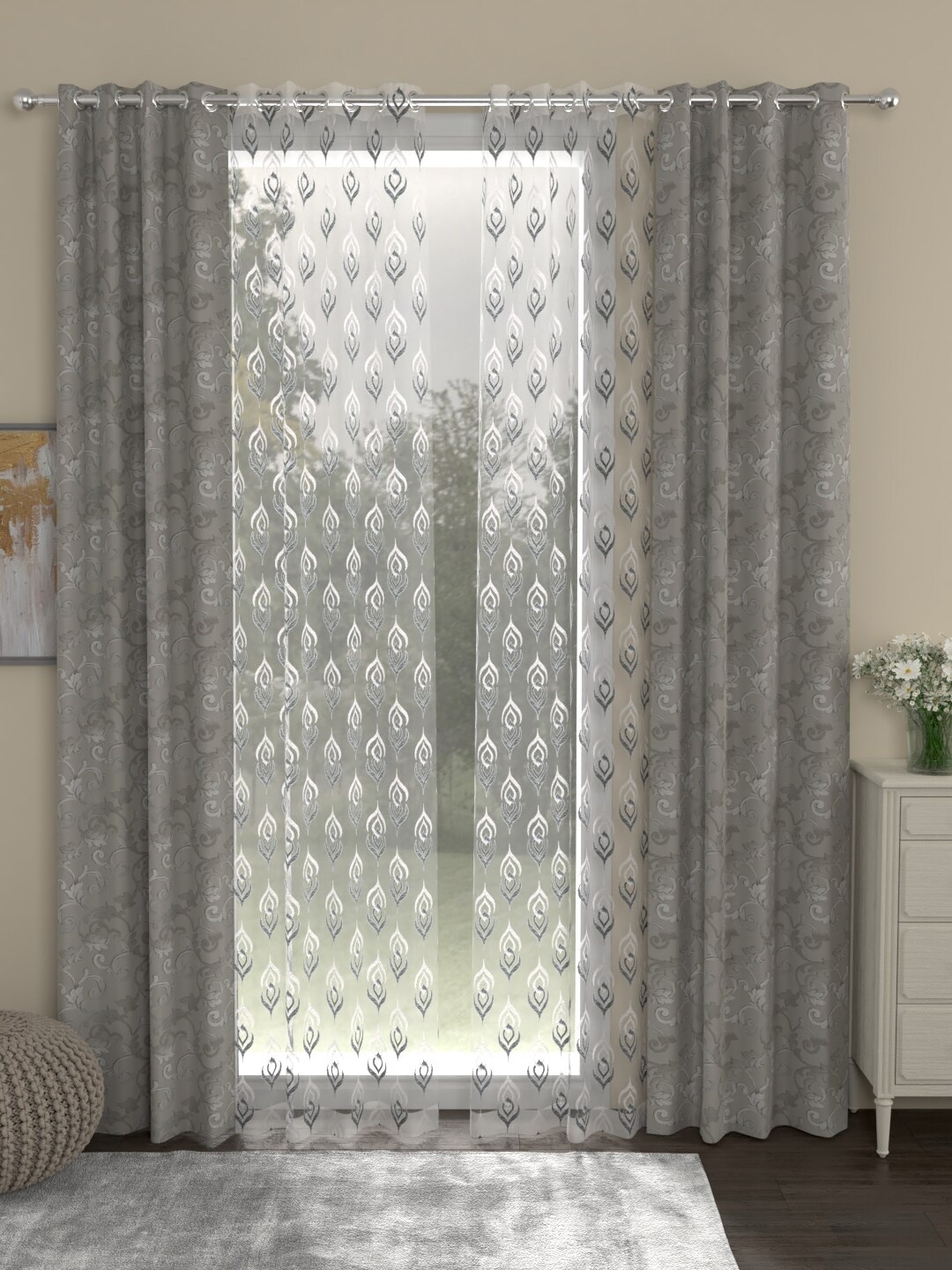 ROSARA HOME Set Of 4 Grey & Off-White Long Door Curtains