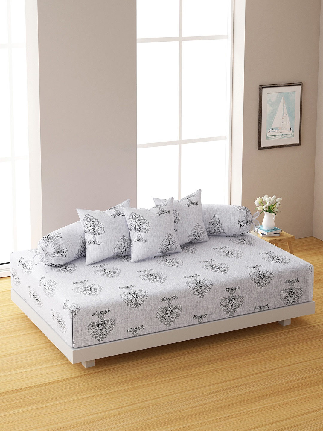 

SWAYAM Set Of 6 White & Grey Printed 200 TC Bedsheet With Bolster & Cushion Covers