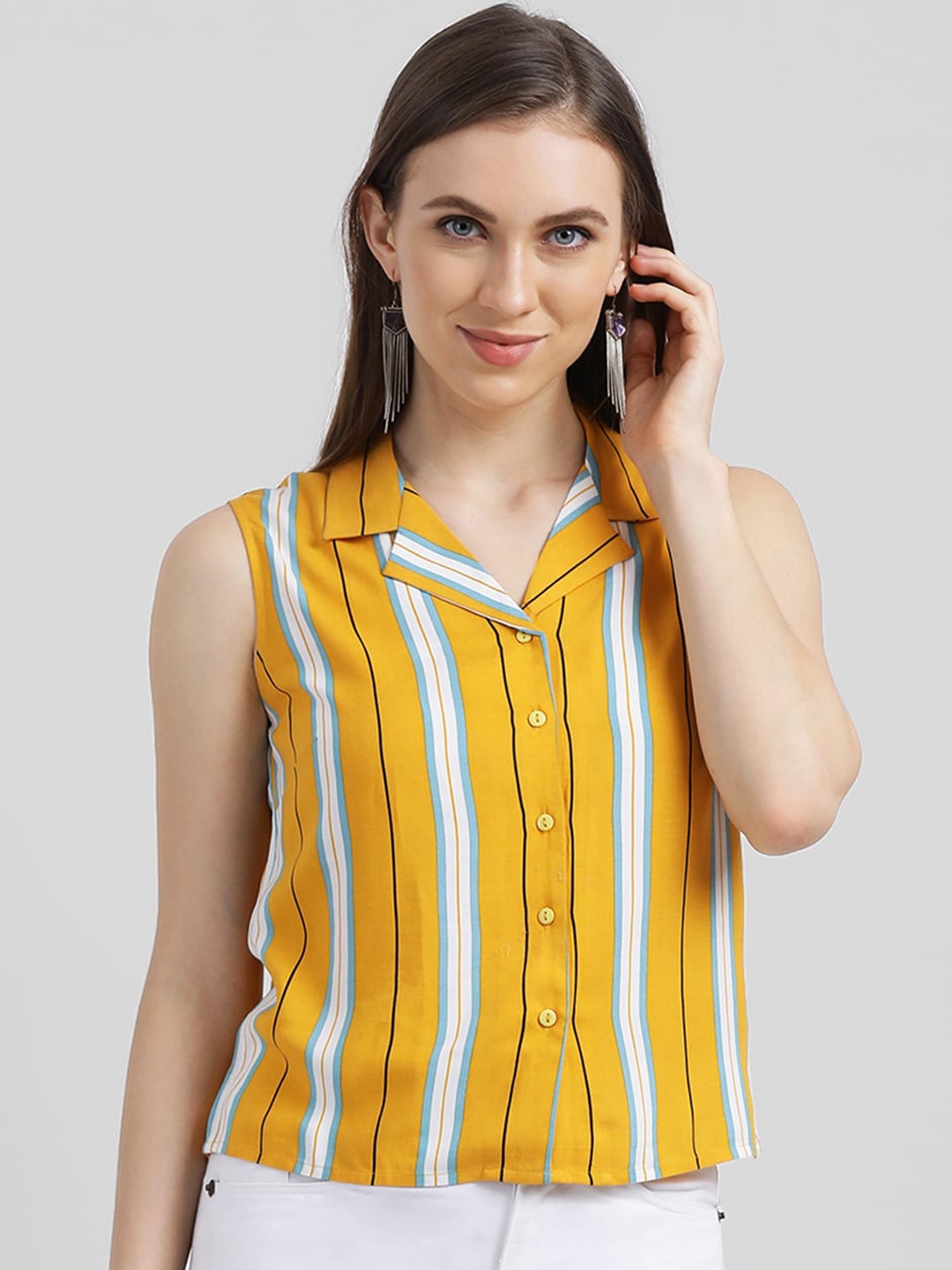 

Zink London Women Mustard Yellow & White Striped Shirt Style Top