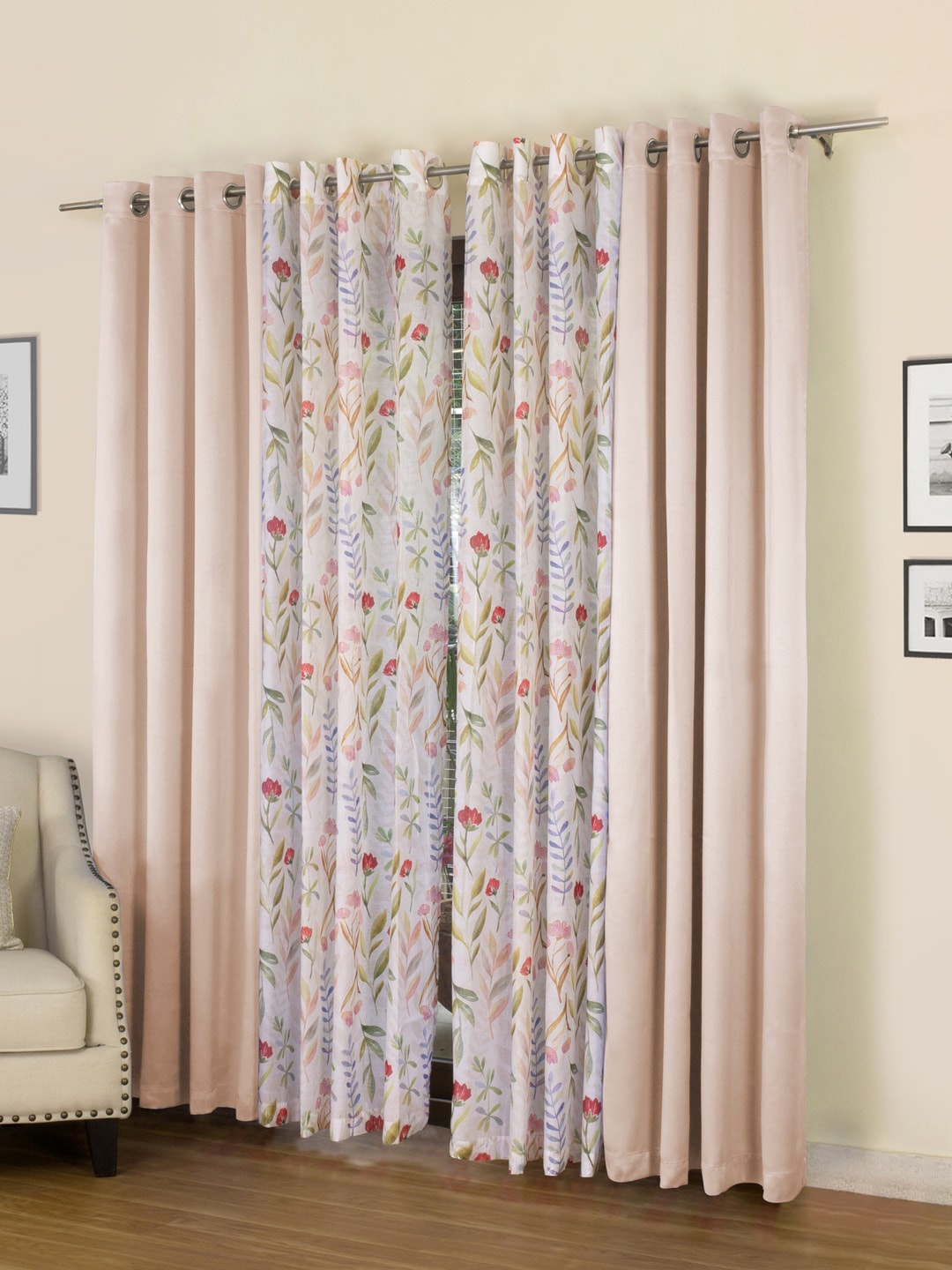 

ROSARA HOME Set of 4 Peach-Coloured & White Regular Long Door Curtains