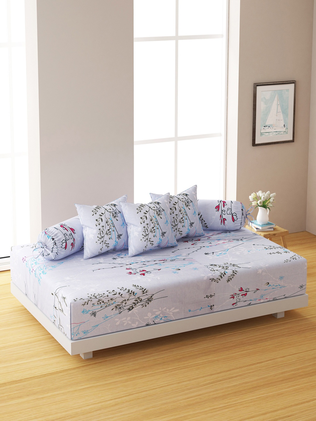 

SWAYAM Set Of 6 Blue & Olive-Green Printed 144 TC Bedsheet With Bolster & Cushion Covers