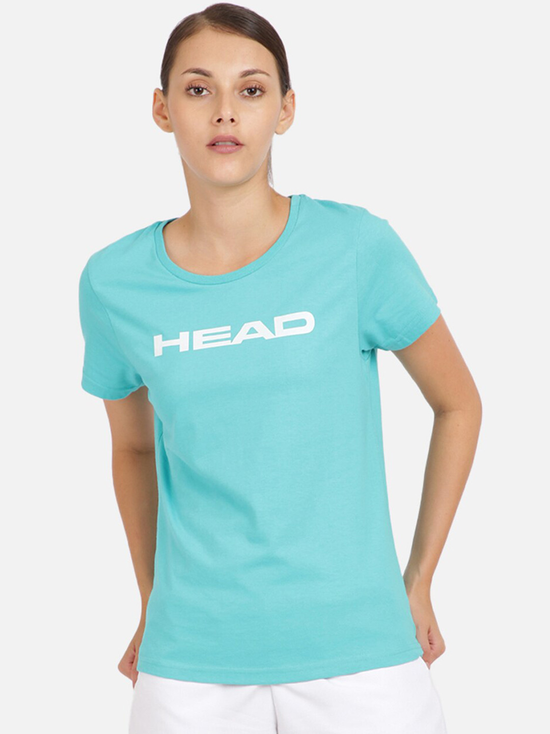 

Head Women Turquoise Blue & White Brand Logo Printed Slim Fit T-shirt