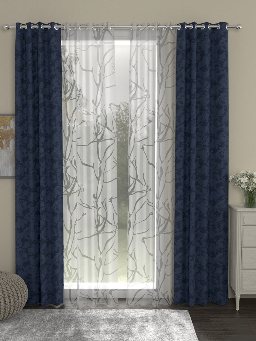 

ROSARA HOME Navy Blue & White Set of 4 Long Door Curtains