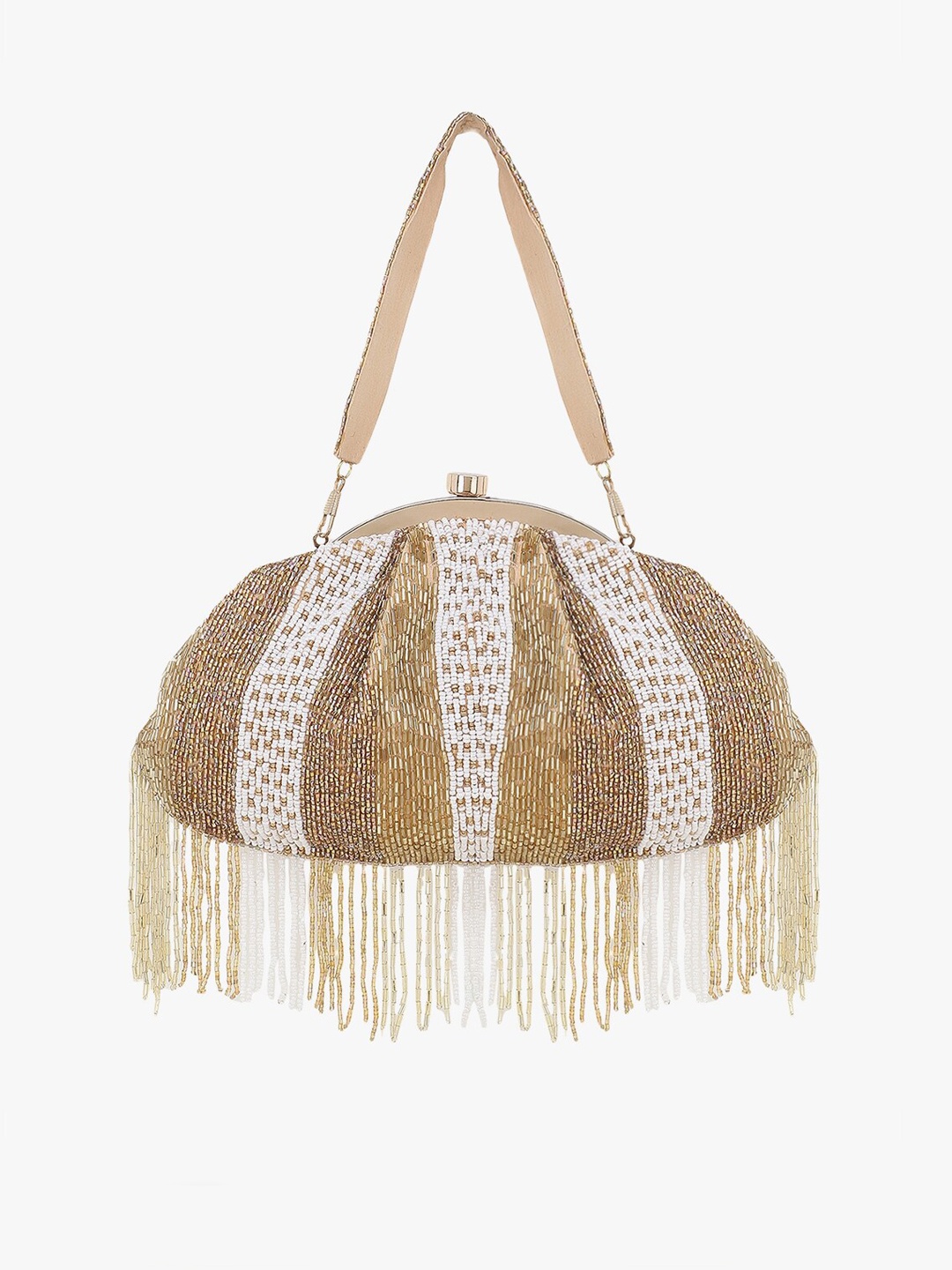 

Anekaant Gold-Toned & White Embellished Tasselled Clutch