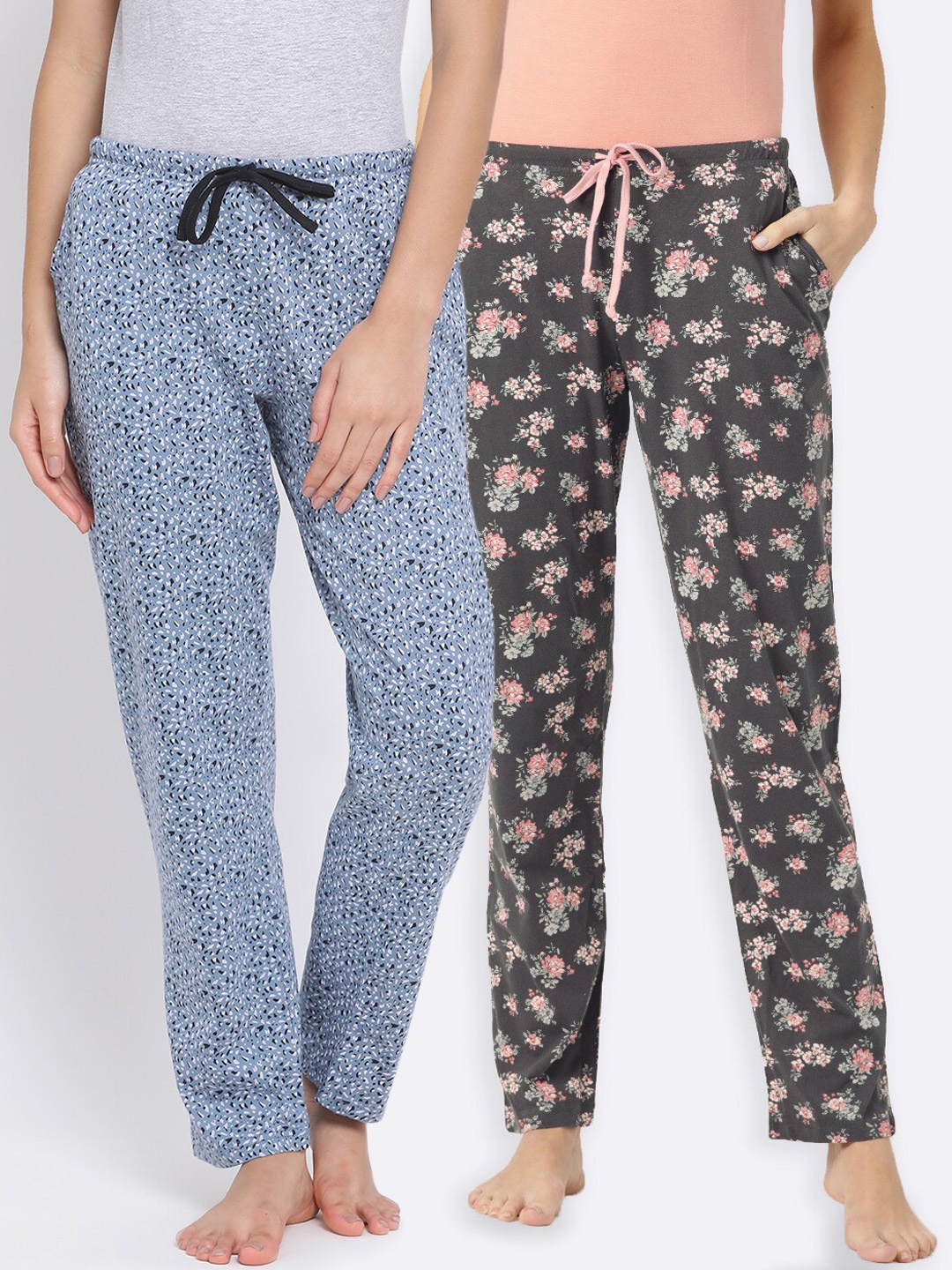 Kanvin Women Pack Of 2 Printed Cotton Lounge Pants, Charcoal