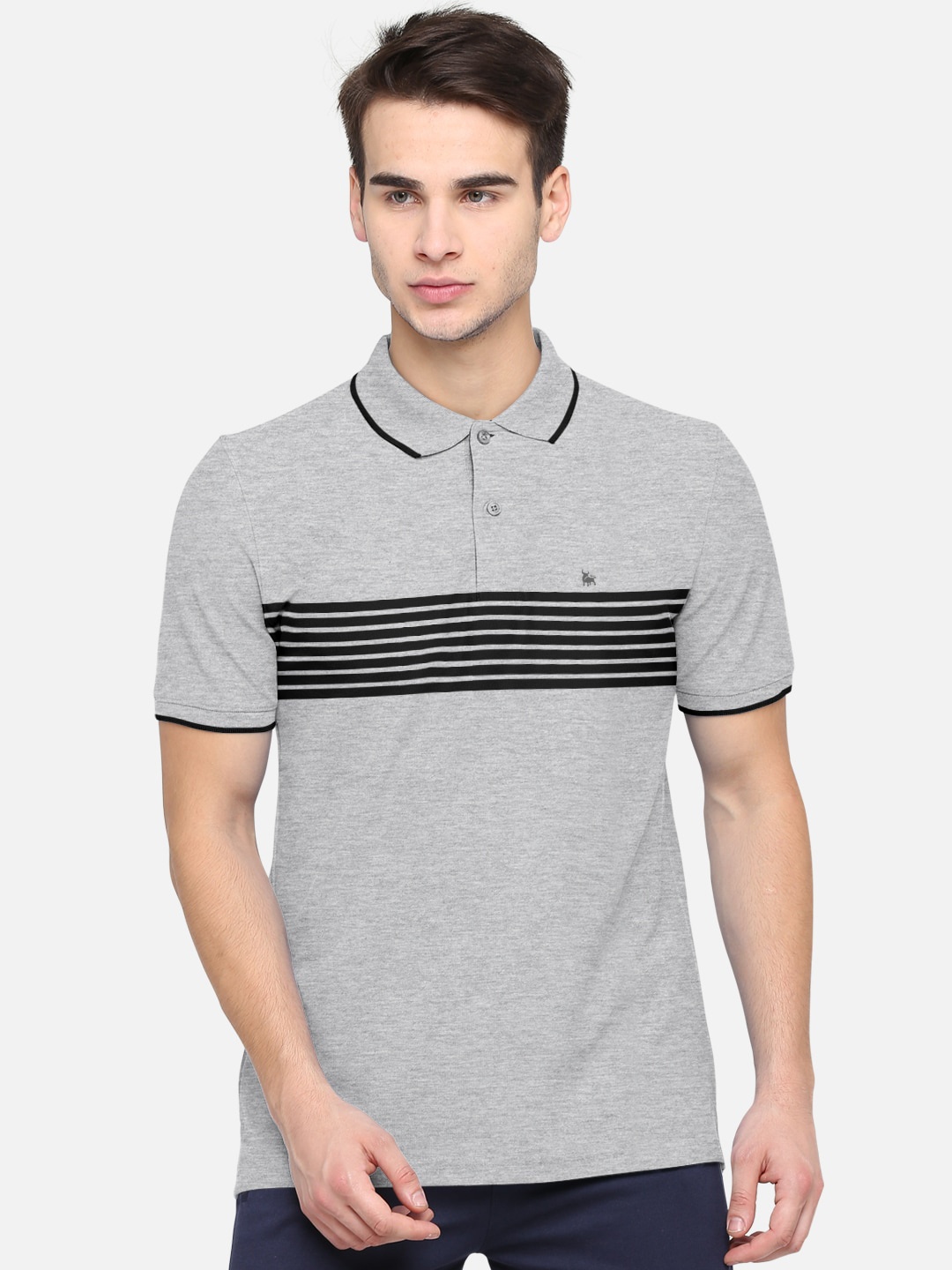 BULLMER Men Grey Black Striped Polo Collar Pure Cotton T-shirt