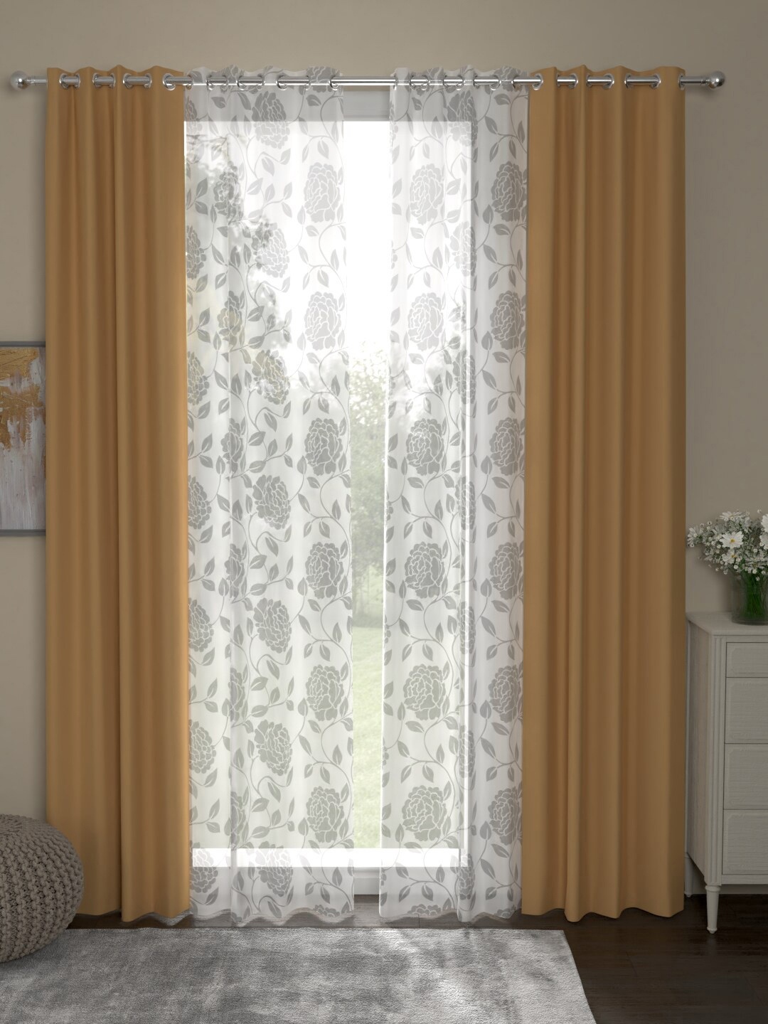 

ROSARA HOME Taupe & White Set of 4 Eyelet Black Out & Sheer Long Door Curtains
