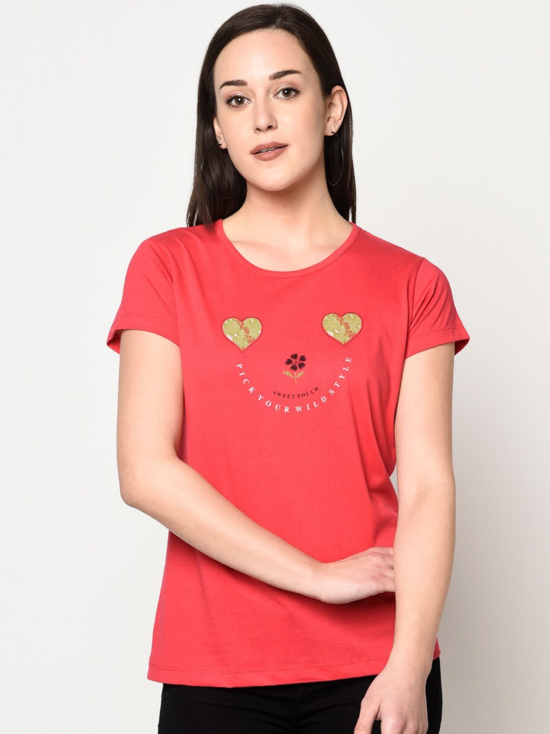 

FABNEST Women Red Printed Round Neck T-shirt