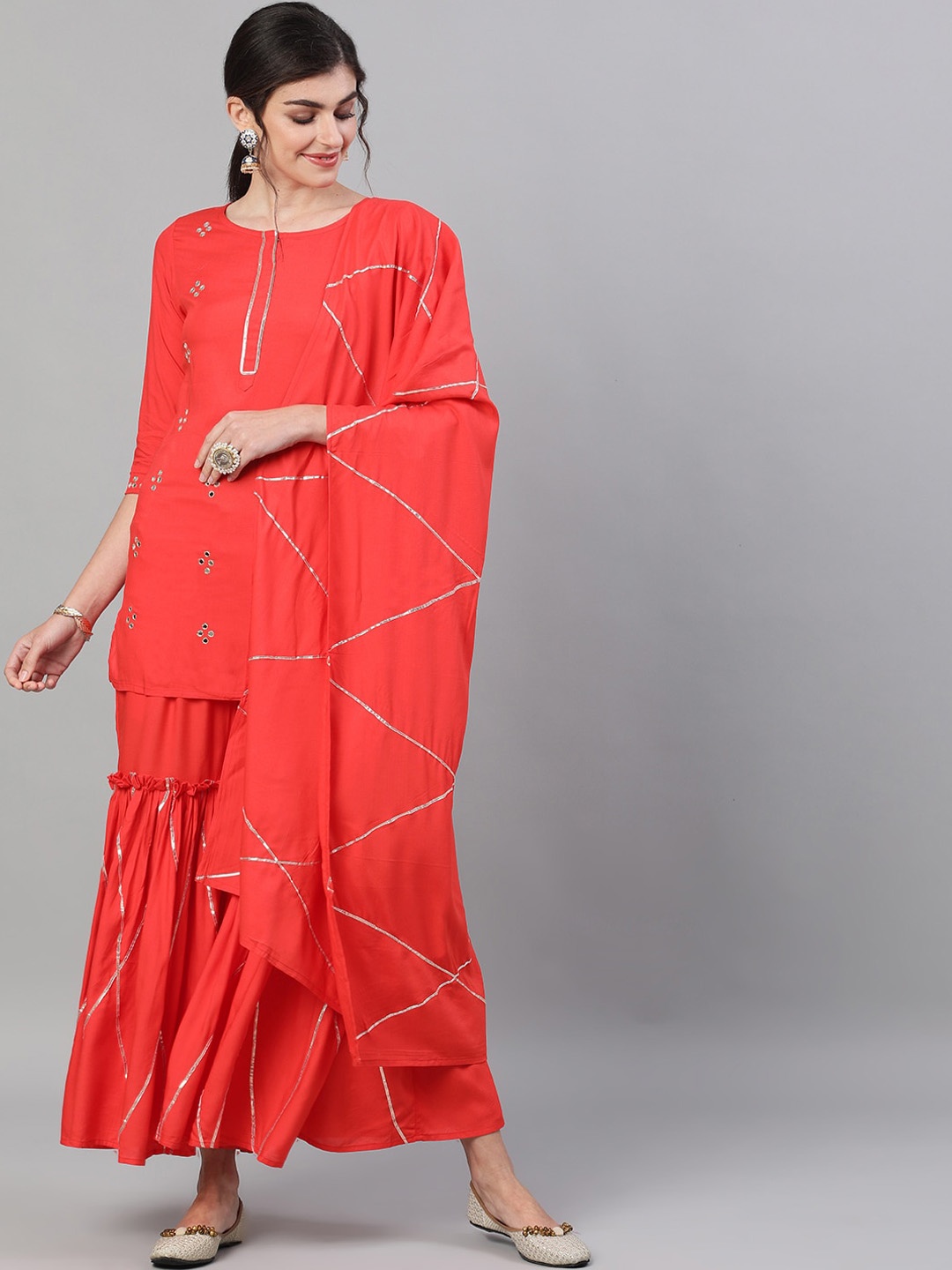 

Ishin Women Red Embroidered Kurti with Sharara & Dupatta