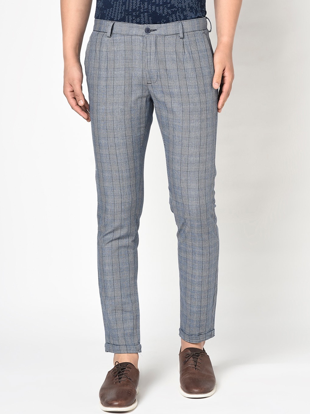 Blackberrys Men Navy Blue Phoenix Skinny Fit Checked Regular Trousers