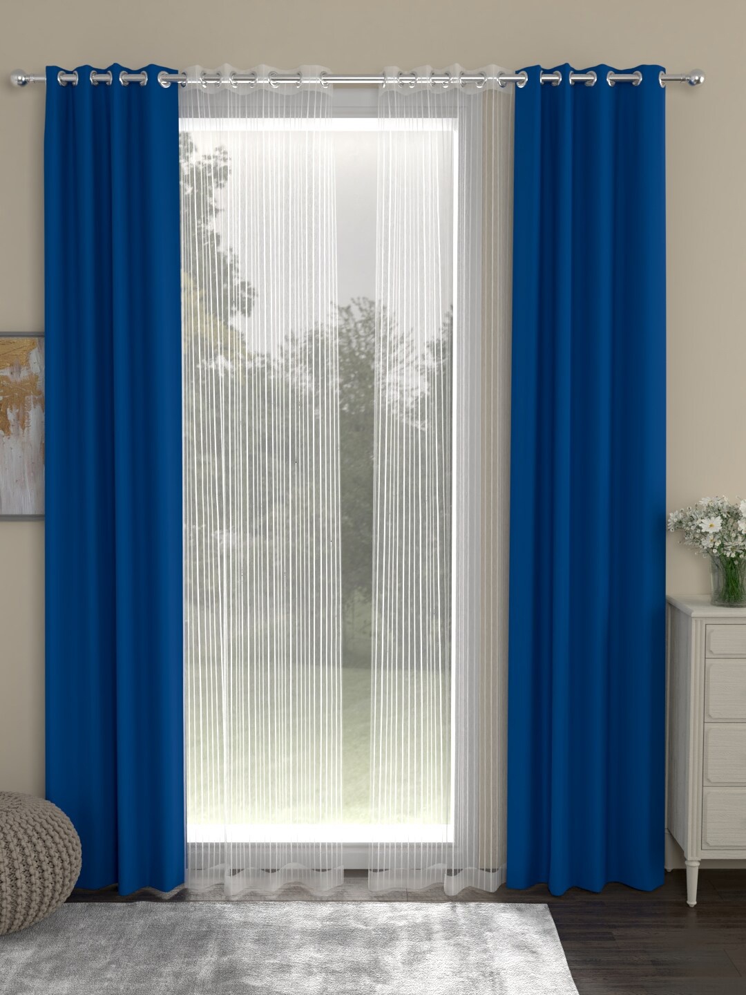 ROSARA HOME Blue & White Set of 4 Eyelet Long Door Curtains