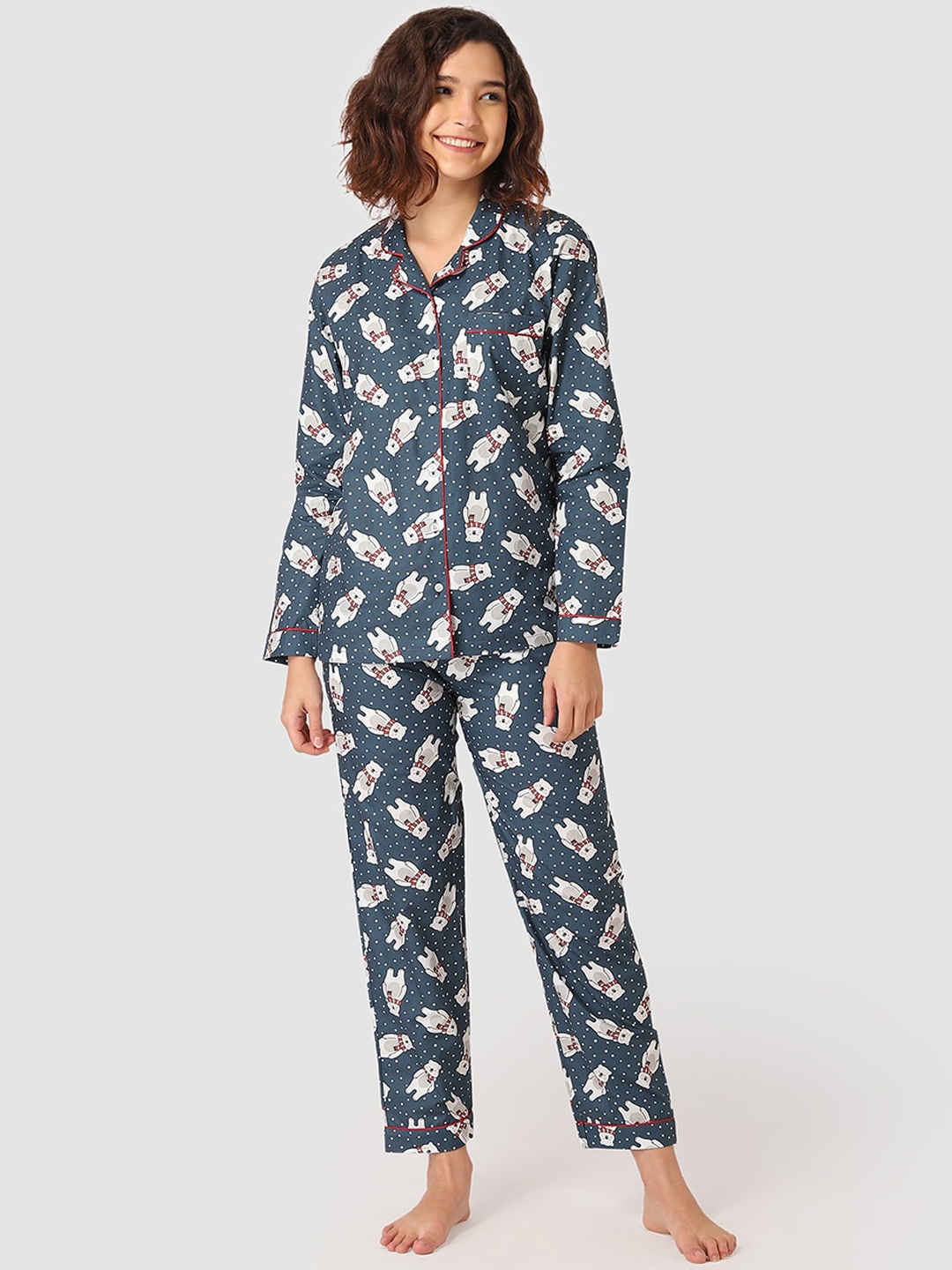 

Fluffalump Women Navy Blue & White Printed Night suit