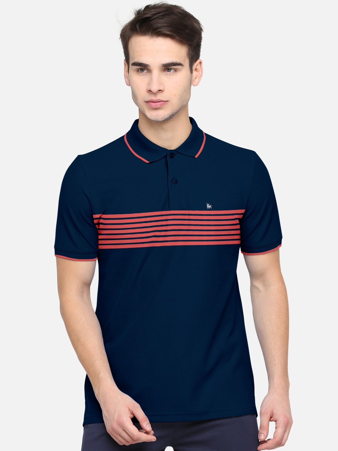 

BULLMER Men Navy Blue Striped Polo Collar T-shirt