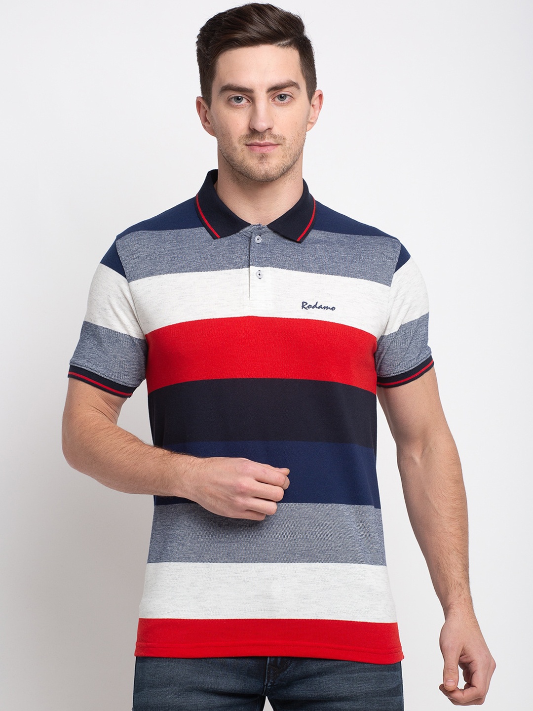 

Rodamo Men Multicoloured Striped Polo Collar T-shirt, Multi