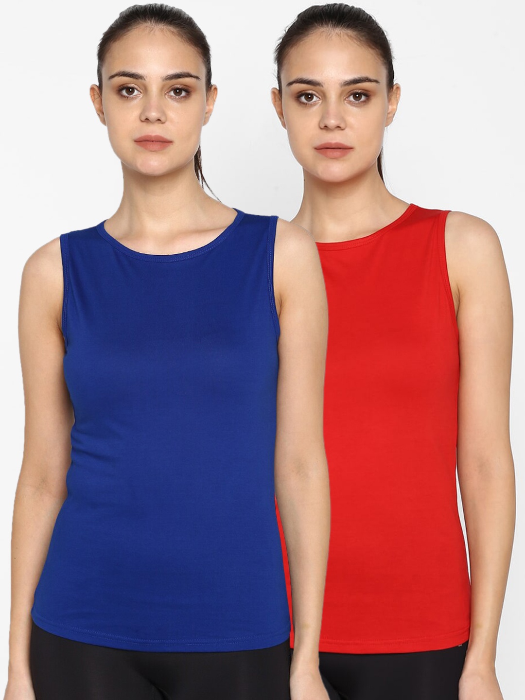 

appulse Women Pack of 2 Red & Blue Solid Round Neck T-shirt