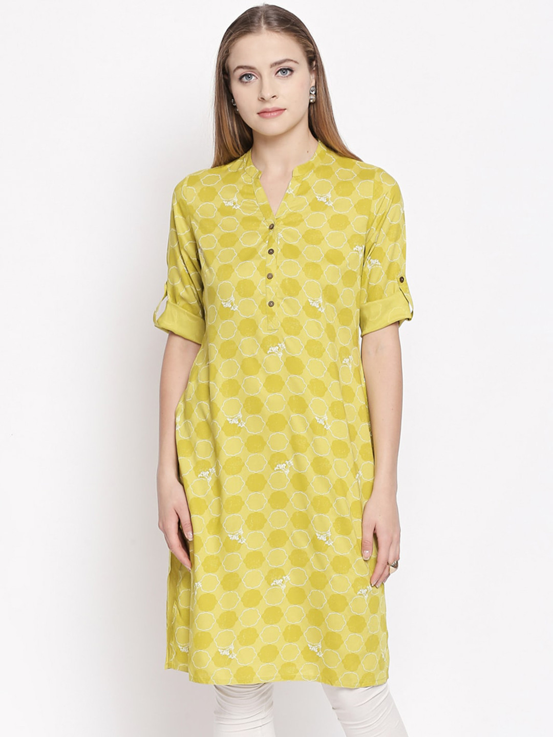 

RANGMANCH BY PANTALOONS Women Lime Green & White Geometric Printed Kurta