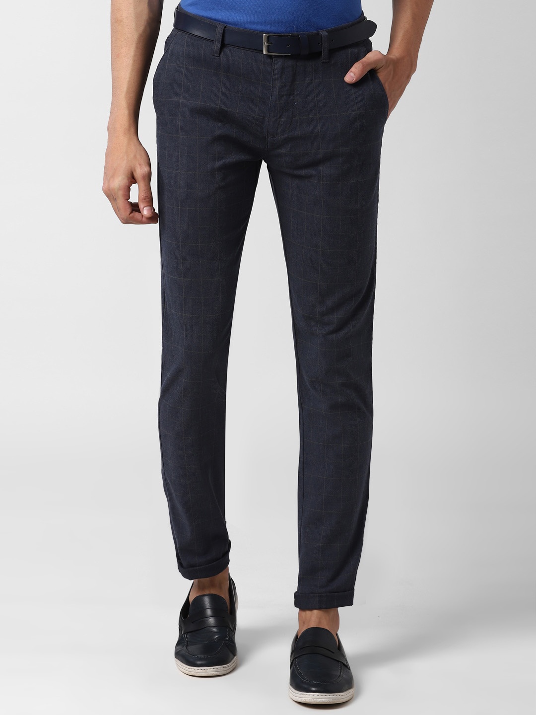 

Peter England Casuals Men Navy Blue Slim Fit Checked Regular Trousers