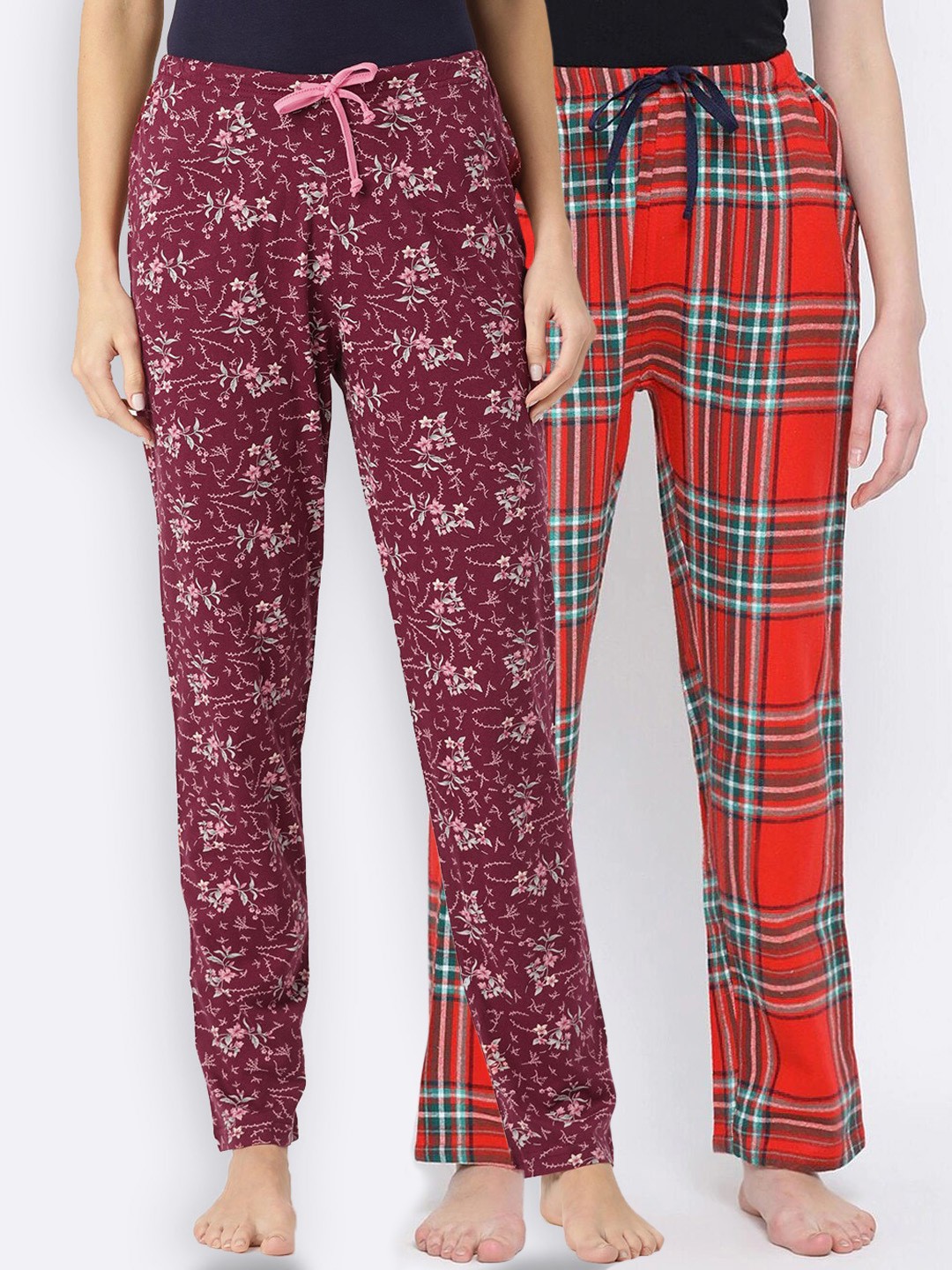 

Kanvin Women Pack of 2 Printed Cotton Lounge Pants PJ1018+PJ1134, Maroon