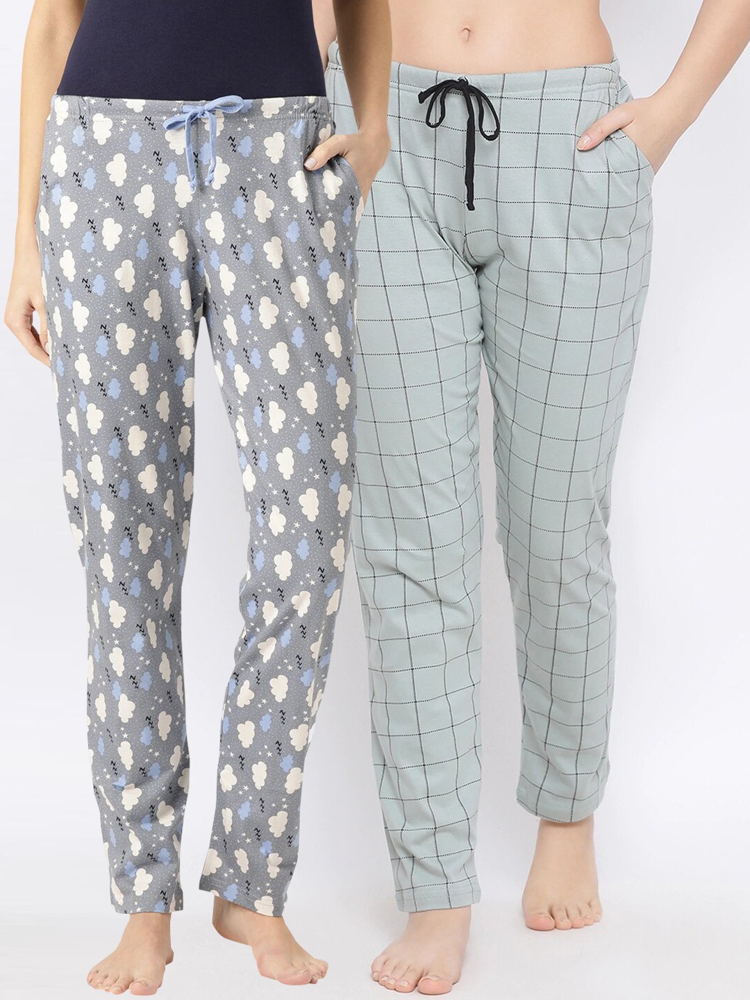 

Kanvin Women Pack Of 2 Grey & Blue Printed Lounge Pants